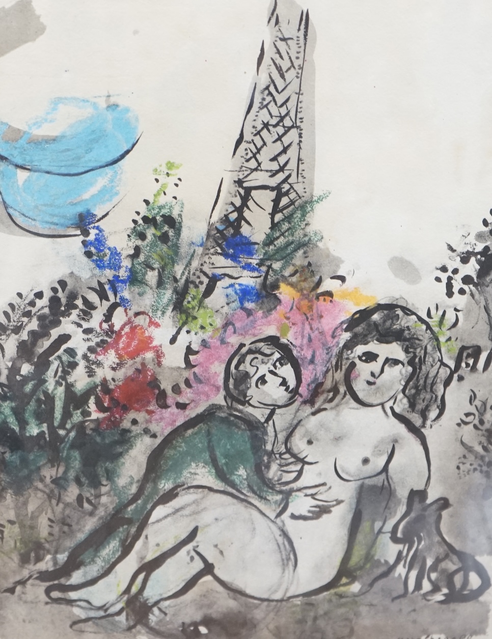 After Marc Chagall (French, 1887-1985), colour etching, Couleur amour, Paris, signed in plate, 50 x 39cm. Condition - poor to fair